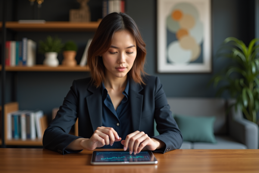 Jeune femme regardant des graphiques de cryptomonnaies sur tablette
