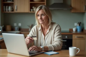 Femme assise à la cuisine avec carte de sécurité