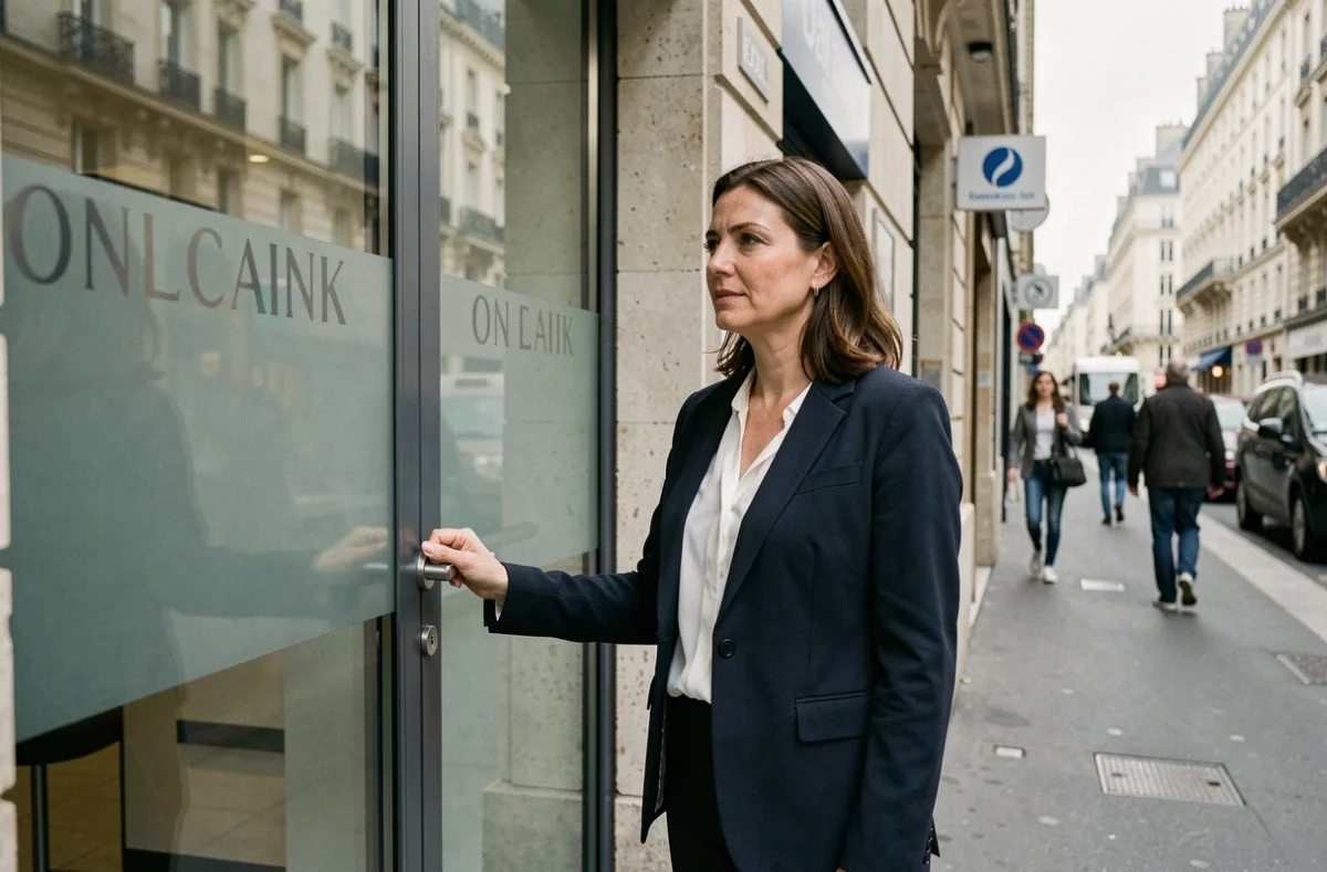 Femme devant une agence bancaire réfléchissant aux conséquences d'un interdit bancaire