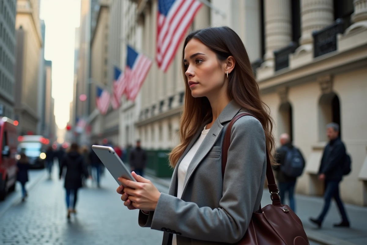 Jeune femme avec une tablette devant la Bourse de New York