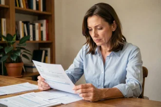 Femme consultant des documents d'assurance auto pour préparer sa résiliation