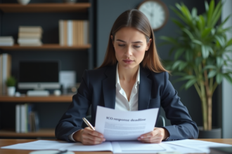 Femme d'affaires concentrée examinant un document ICO