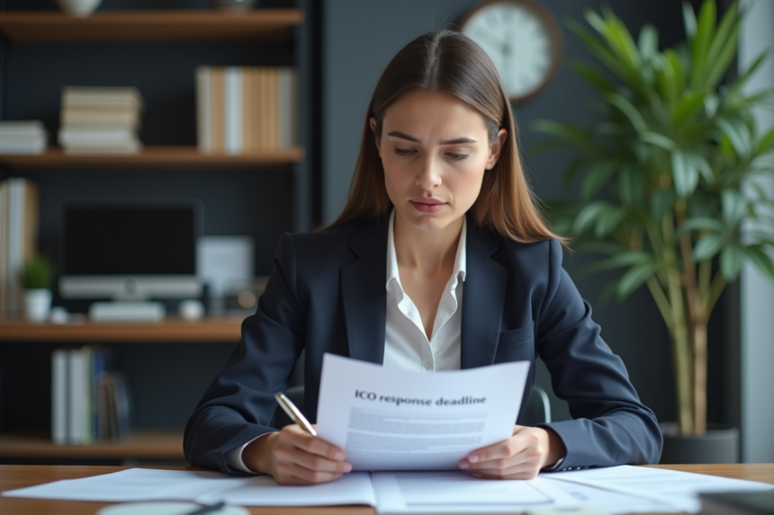 Femme d'affaires concentrée examinant un document ICO