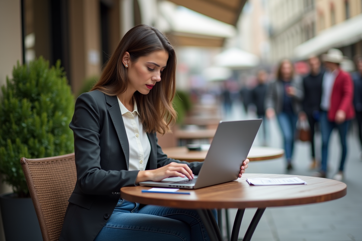 Jeune femme entrepreneure travaillant sur son ordinateur en terrasse urbaine