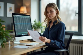 Femme consultant une fiche de paie au bureau, illustrant le calcul du salaire net au SMIC pour 25 heures hebdomadaires en 2026