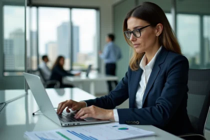 Femme d'affaires analysant des graphiques financiers Air Liquide