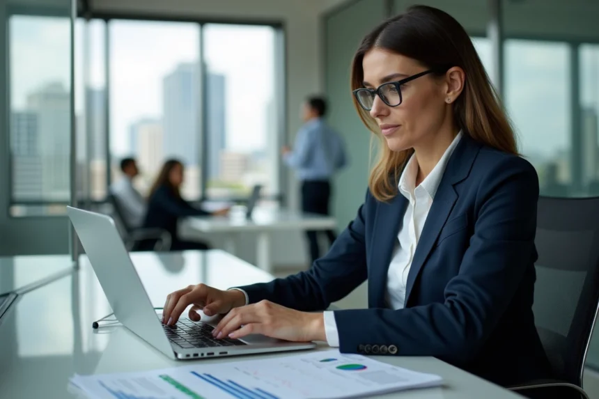 Femme d'affaires analysant des graphiques financiers Air Liquide