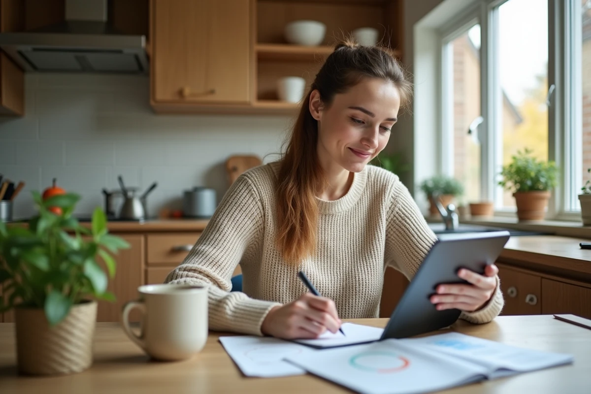 Femme détendue consulte ses finances sur une tablette à la maison