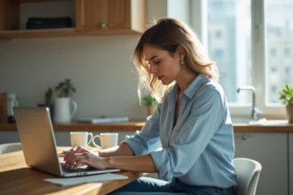 Femme concentrée remplissant un formulaire en cuisine