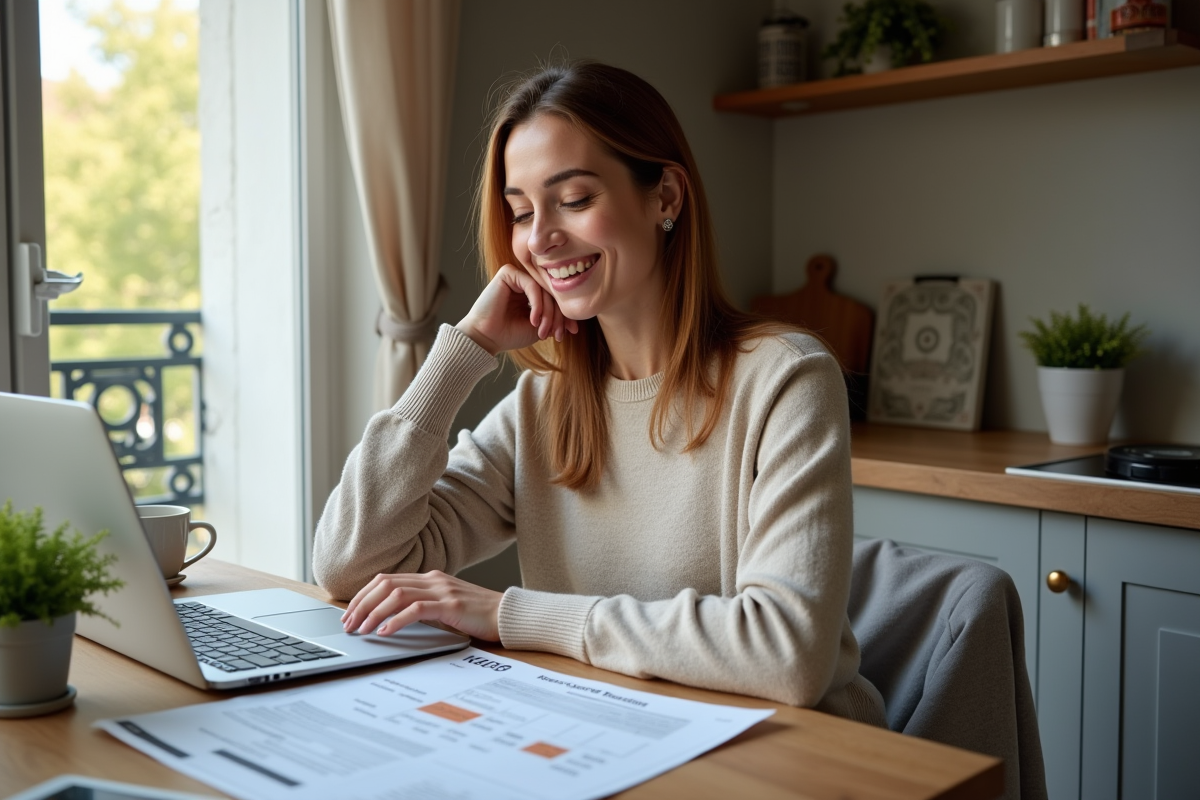 Femme française souriante examinant ses investissements à la maison