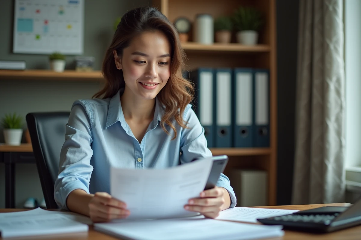 Femme concentrée vérifiant ses finances dans un bureau à domicile