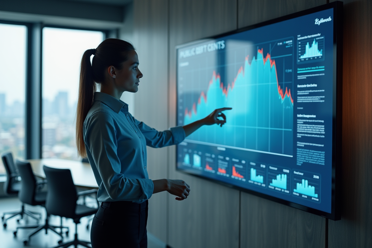 Jeune femme professionnelle pointant un graphique sur grand ecran