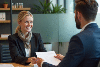 Femme d'âge moyen échangeant avec un gestionnaire au bureau