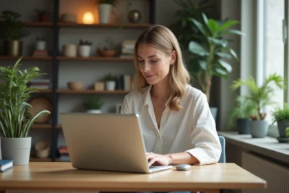 Femme utilisant un ordinateur portable dans un intérieur chaleureux