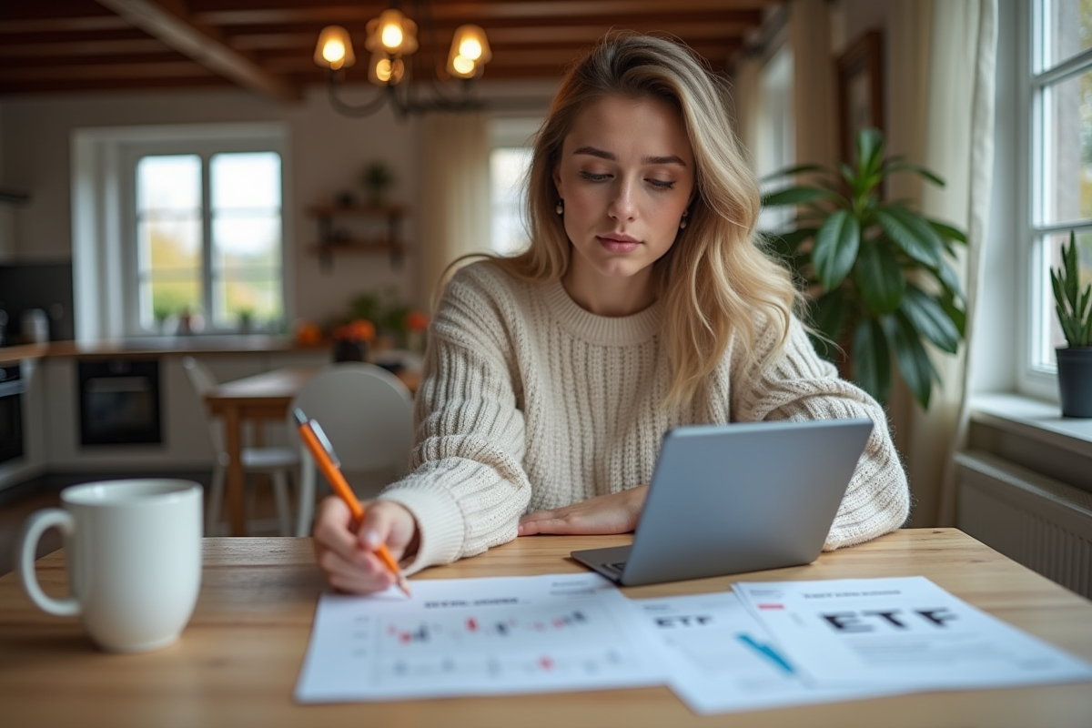 Jeune femme compare des documents ETF à la maison