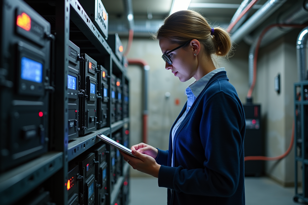 Femme vérifiant un rig de minage dans un sous-sol organisé