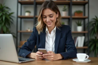 Femme en blazer bleu vérifiant une notification de paiement sur son smartphone dans un bureau moderne