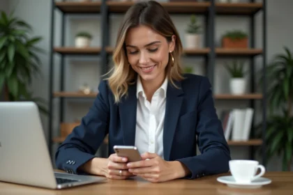Femme en blazer bleu vérifiant une notification de paiement sur son smartphone dans un bureau moderne