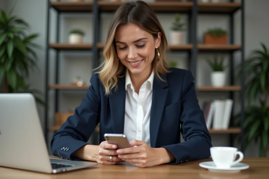Femme en blazer bleu vérifiant une notification de paiement sur son smartphone dans un bureau moderne