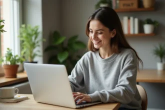 Femme détendue utilisant un ordinateur portable à la maison