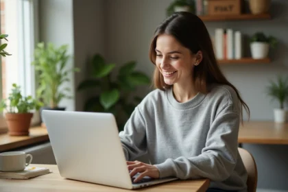 Femme détendue utilisant un ordinateur portable à la maison