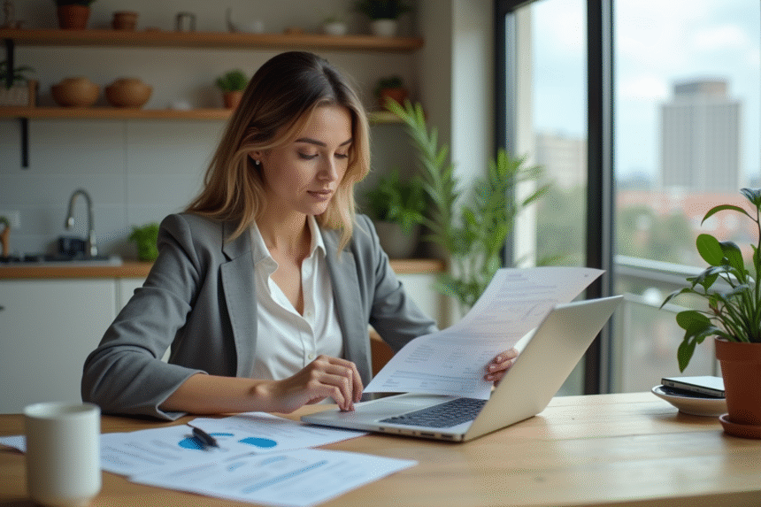Femme d affaires examinant un relevé hypothécaire dans une cuisine lumineuse