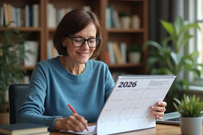 Femme moyenne âge regardant un calendrier 2026 accessible