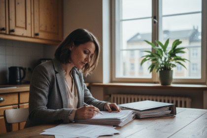 Femme confiante en bureau à domicile avec documents