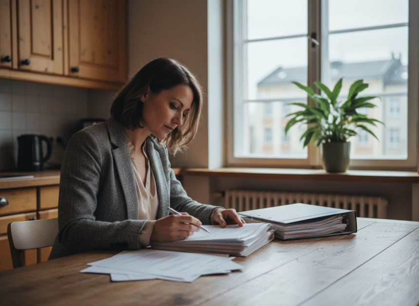 Femme confiante en bureau à domicile avec documents
