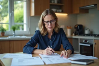 Femme concentrée examinant ses papiers fiscaux à la maison