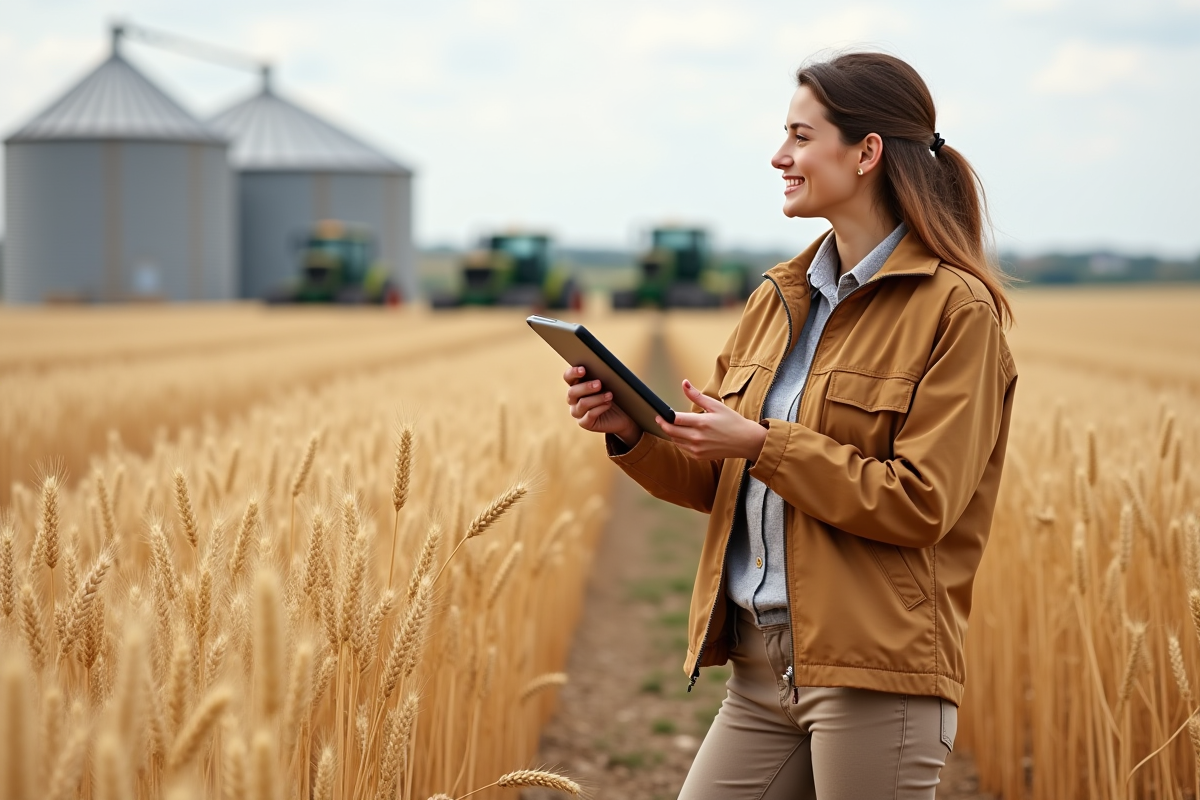 Jeune femme avec tablette dans un champ de blé