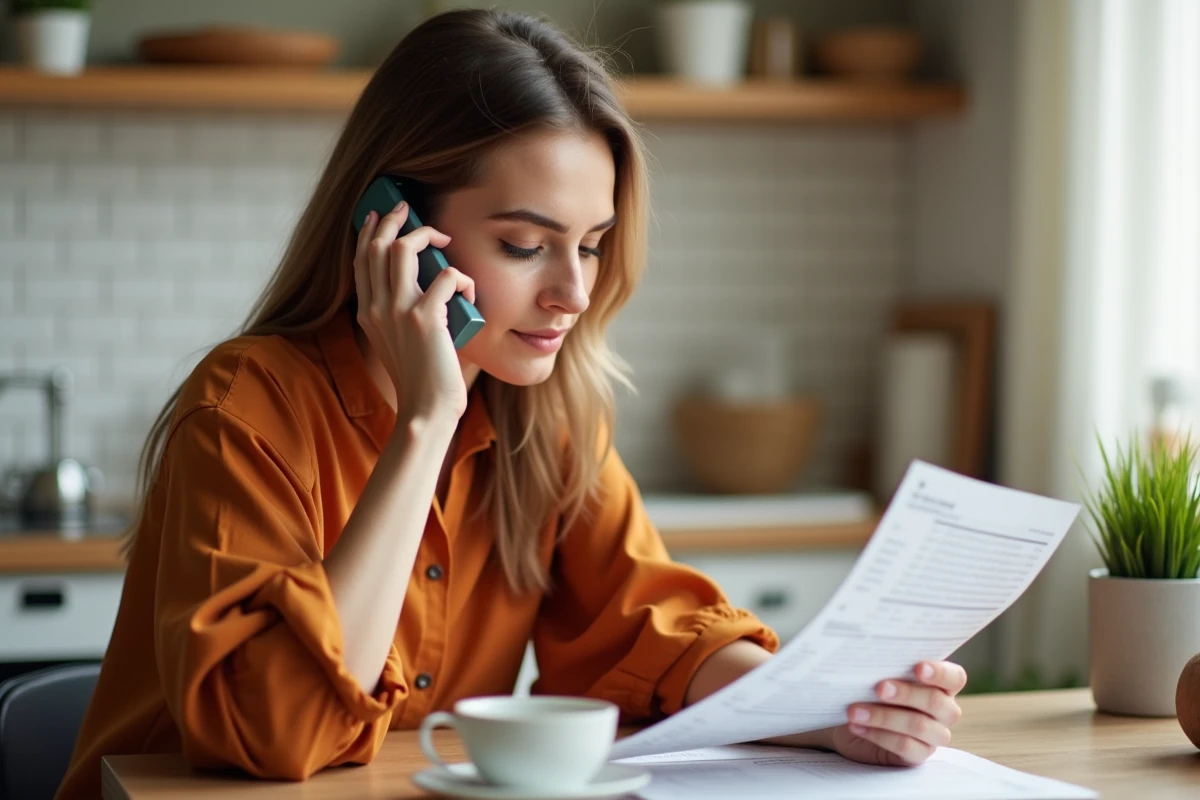 Jeune femme planifiant son appel Cetelem avec un planning imprimé et un café sur la table de cuisine