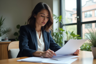 Femme en blazer bleu examinant des documents de prêt immobilier