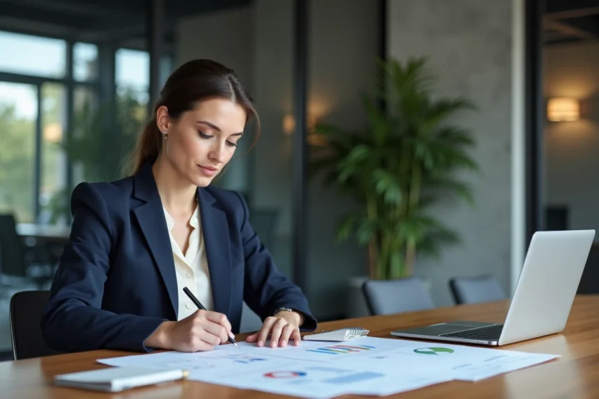 Femme professionnelle analysant des documents d'investissement dans un bureau moderne pour rejoindre un club d'investissement alternatif