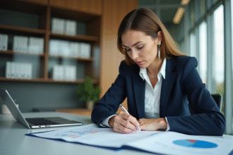 Femme d'affaires examinant un rapport financier au bureau