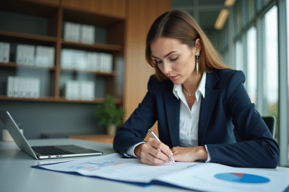 Femme d'affaires examinant un rapport financier au bureau