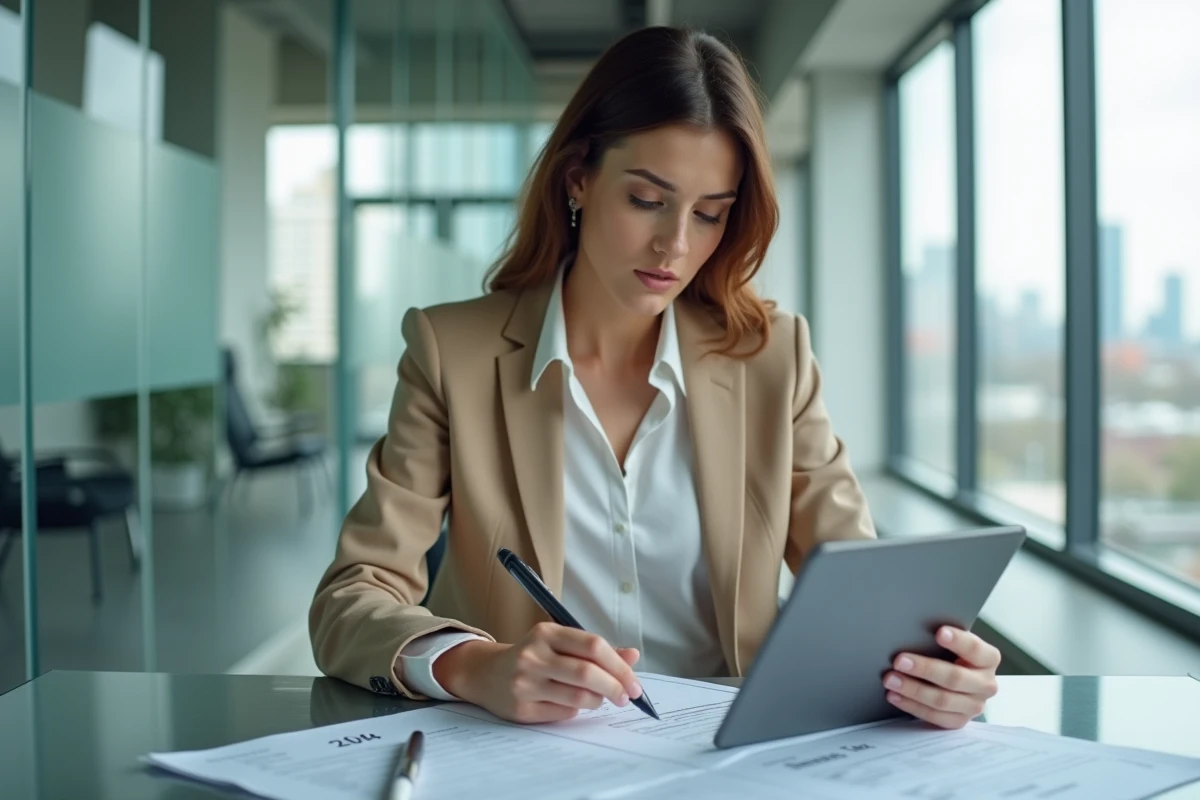 Jeune femme professionnelle consultant des formulaires fiscaux au bureau