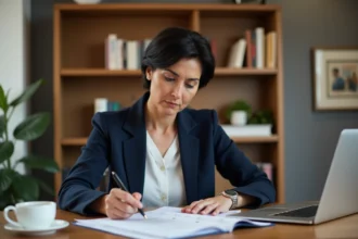 Femme consultant des documents de rachat de crédit Cofidis à son bureau à domicile