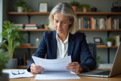 Femme d'âge mûr relisant attentivement un contrat d'assurance vie à son bureau à domicile, exprimant une préoccupation face aux clauses du document