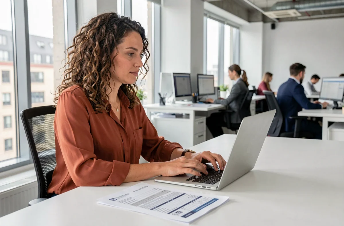 Femme gérant sa résiliation d'assurance auto en ligne avec documents sur le bureau