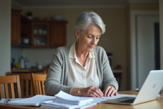 Femme d'âge moyen examinant des papiers dans la cuisine