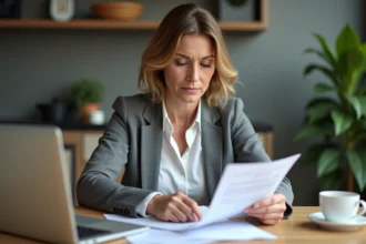 Femme d'âge moyen examine documents de retraite à la maison