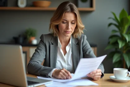 Femme d'âge moyen examine documents de retraite à la maison
