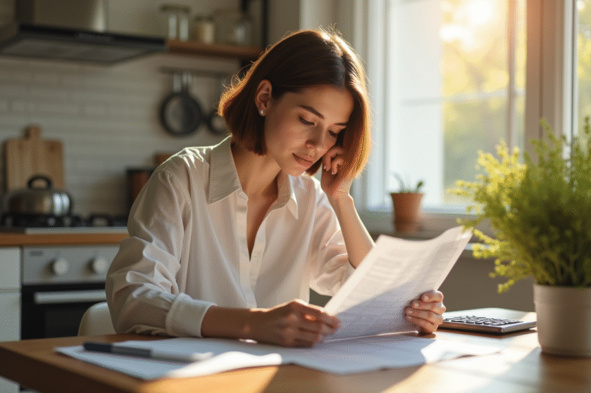 Jeune femme regarde sa fiche de paie le matin