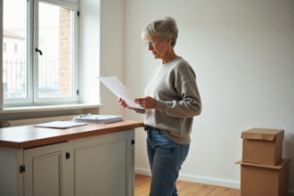 Femme d'âge moyen vérifiant des papiers dans un appartement lumineux