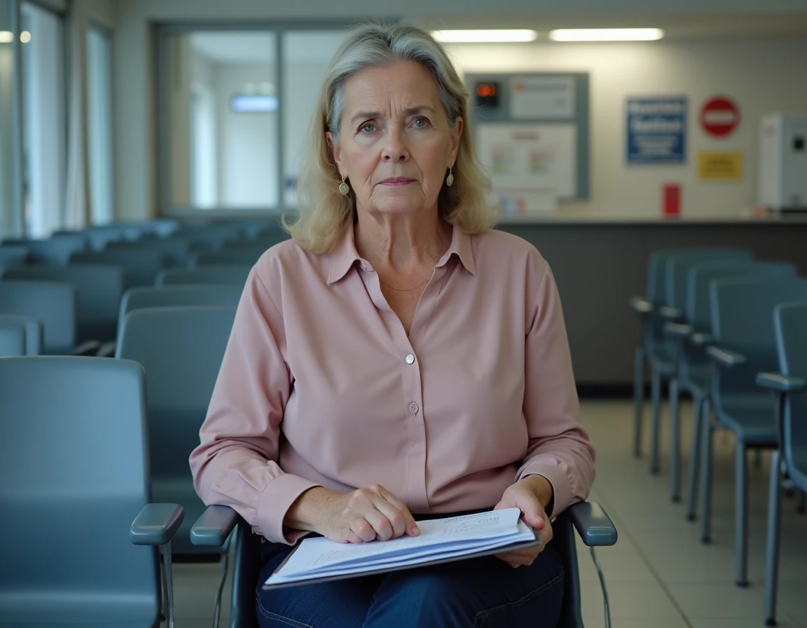 Femme en salle d'attente d'une caisse d'assurance maladie pour un retard de paiement de pension invalidité