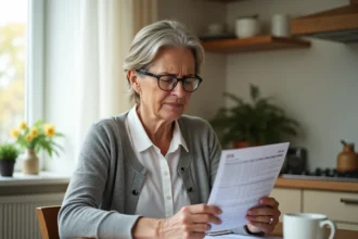Femme senior consultant son calendrier de versement de pension invalidité 2026 à la table de cuisine
