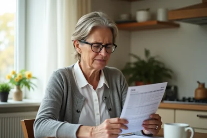 Femme senior consultant son calendrier de versement de pension invalidité 2026 à la table de cuisine