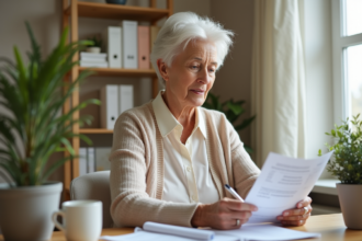 Femme senior concentrée à son bureau à domicile