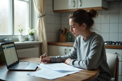 Femme seule consultant des documents CAF sur le RSA à sa table de cuisine